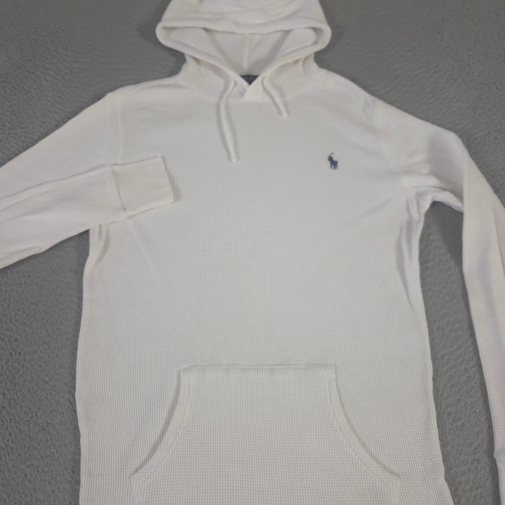 Polo Ralph Lauren Hoodie Mens Small White Waffle-Knit Cotton Pony Logo Pocket